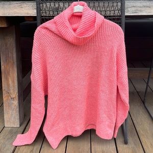 Beautiful pink knitted sweater with loose turtleneck, XS